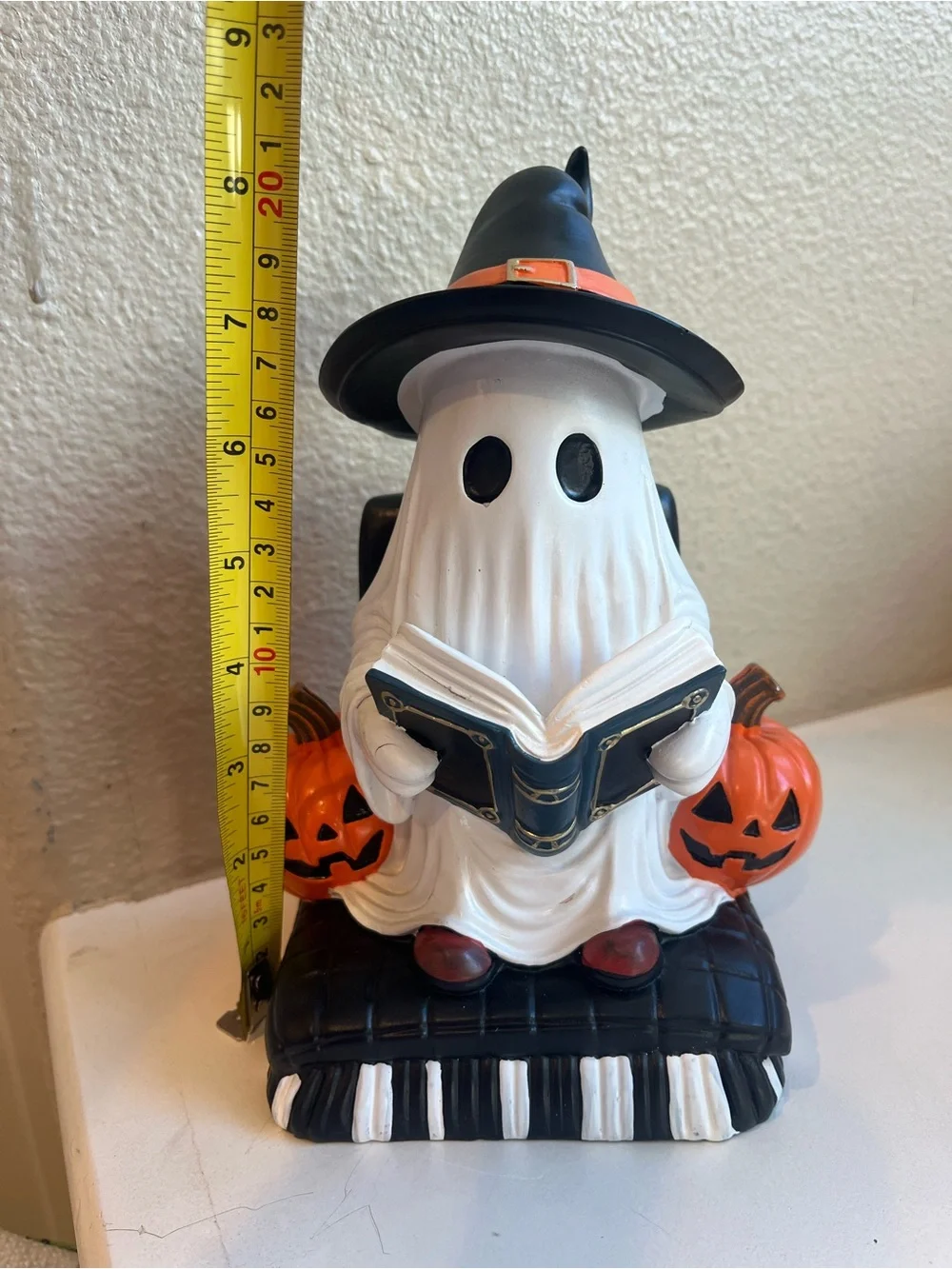 Halloween Ghost Reading a Book Figurine with Pumpkins and Witch Hat